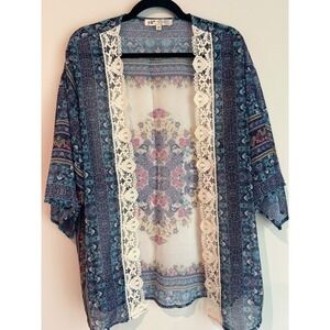 Jolt Women's S/M Sheer Blue Paisley Lace Trim Kimono Style Open Front Blouse
